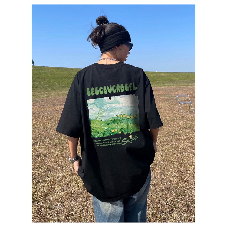 kaos wanita atasan Korean Style oversize kaos hitam Printed t shirt lengan pendek retro loose tee