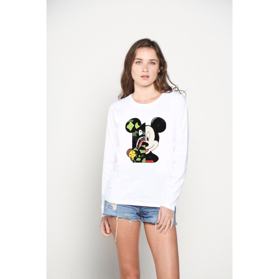 Kaos Wanita Lengan Panjang BAPE MICKEY Warna Putih TUMBLR TEE TSHIRT ICO DI RB
