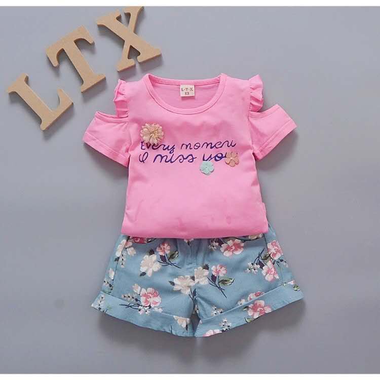 Baju setelan anak perempuan kaos+celana pendek baju set anak cewek lucu style import-Pink Tua