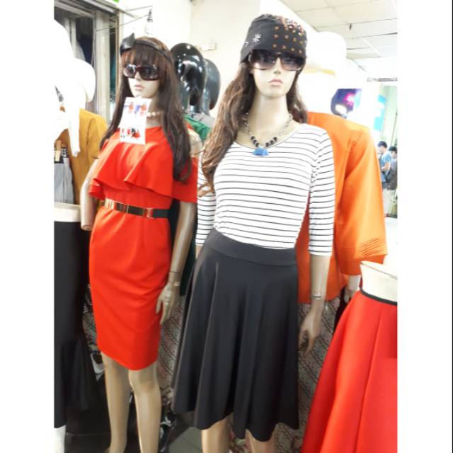 mini dress merah sabrina kensi scuba dan stelan atasan kaos garis strip rok mini lebar pendek