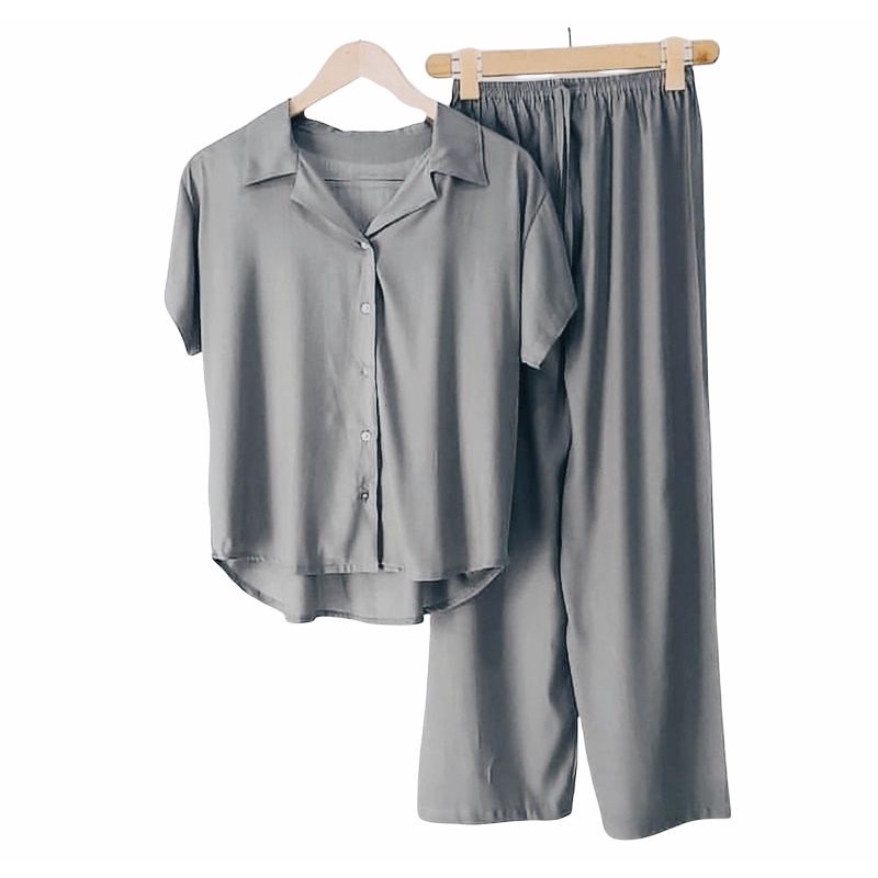 PIYAMA | BAJU TIDUR WANITA | SETELAN WANITA | PIYAMA WANITA | PIYAMA RAYON | PAJAMAS | PIYAMA JUMBO-Grey