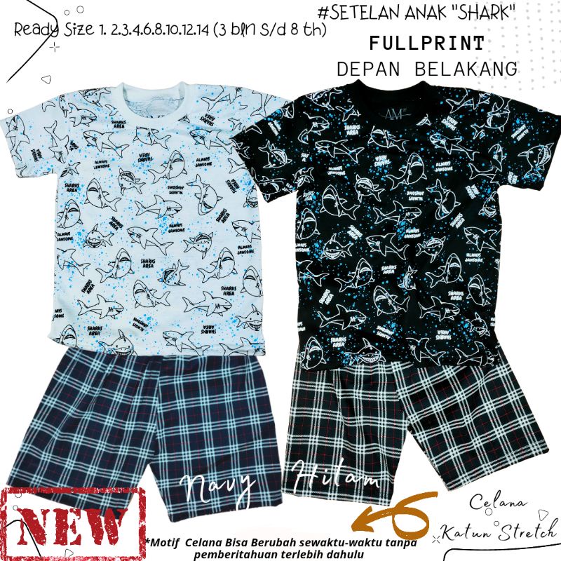 Setelan Anak Laki-laki Fullprint &quot;SHARK&quot; Size 3 bulan -8 tahun tahun merk. AM27