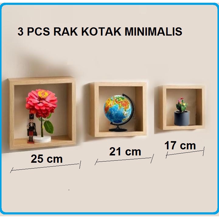 Satu Set isi 3 Pcs Rak kayu kotak nempel dinding minimalis serbaguna