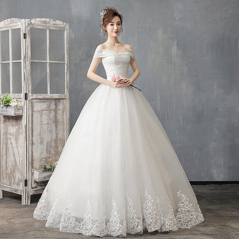 Putih Sederhana Off Shoulder Lace Payet Wedding Dress Bridal Ball Gown Dress