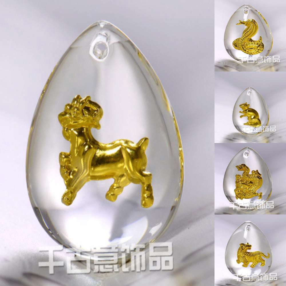 GUIN STORE Liontin Kalung Pria/Wanita Bahan Kaca Kristal Transparan Desain Shio China