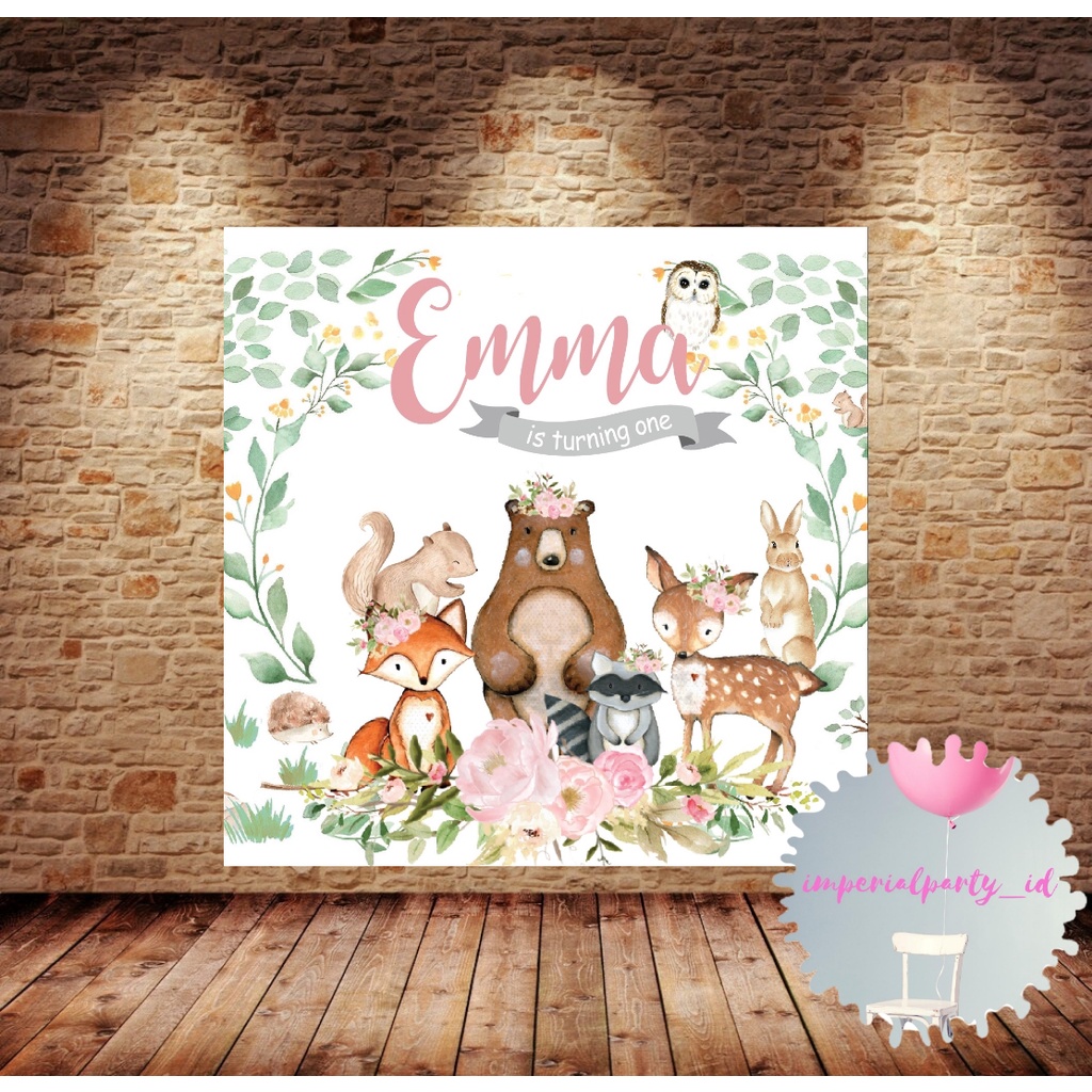 Custom Backdrop Banner Spanduk Happy Birthday Woodland Animal Forest