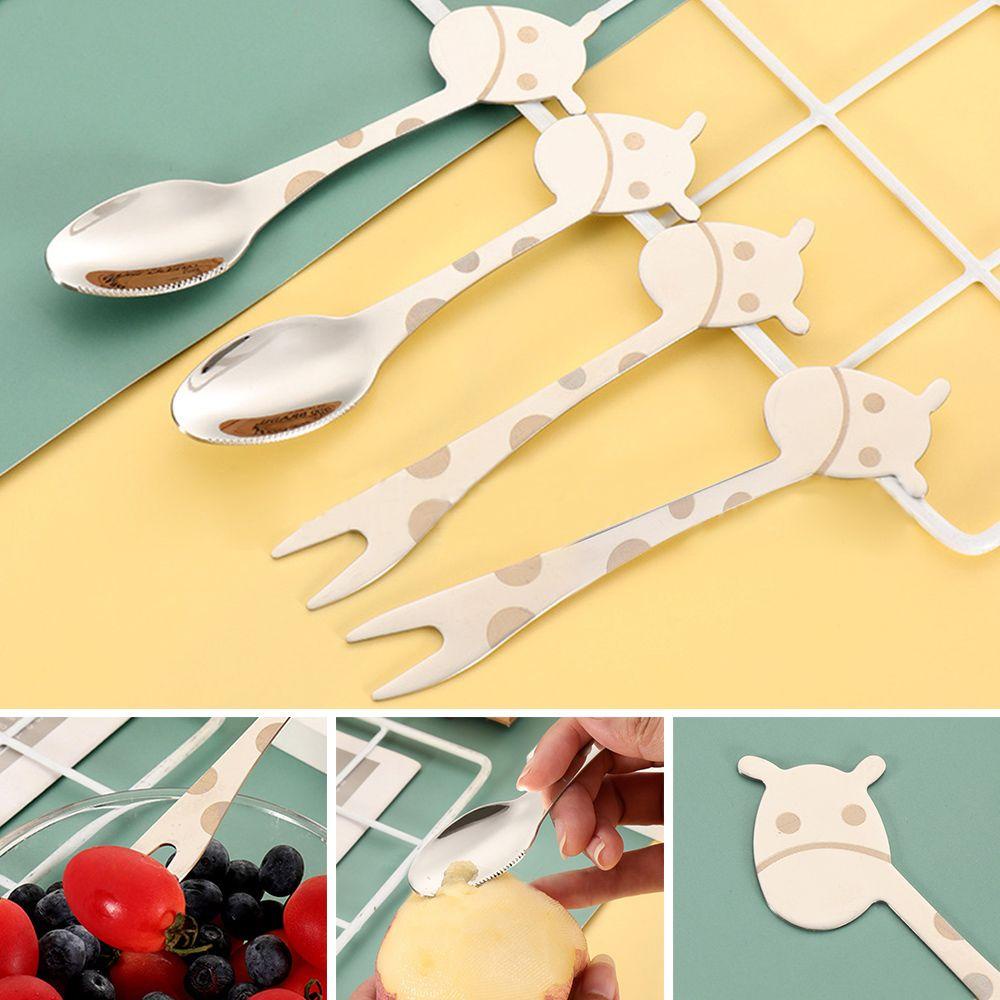 Solighter 4Pcs Sendok Garpu Mini Bahan Stainless Steel Untuk Kue / Dessert / Buah / Sayuran