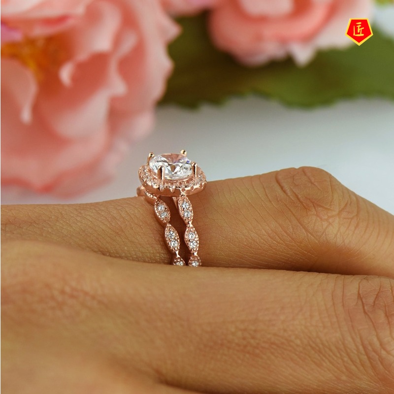 [Ready Stock]Fashion Simple 18K Rose Gold Single Diamond Double Layer Ring Set