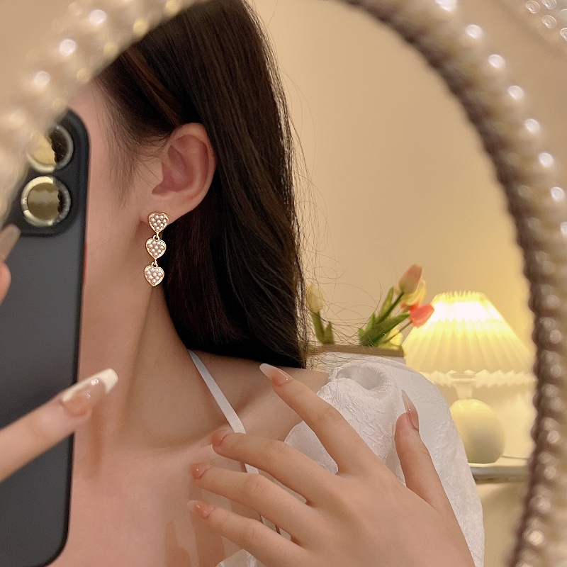 Anting Gantung Panjang Model Hati Dengan Mutiara Bahan silver 925 Untuk Wanita
