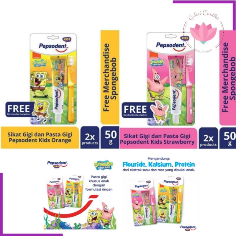 PEPSODENT Pasta Gigi dan Sikat Gigi Kids Strawberry Orange Spongebob (50g + 1pc)