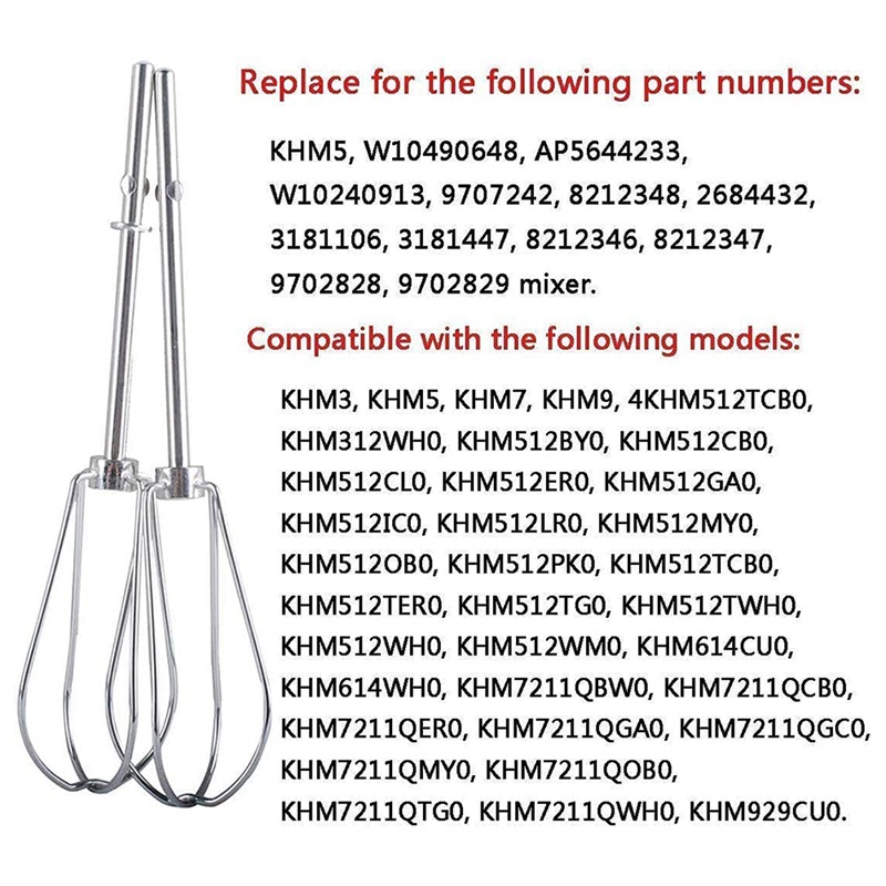 W10490648 &amp; KHMPW Beaters for KitchenAid Hand Mixer Attachments Accessories, Whisk Turbo Beaters, Cream, Making Mousse