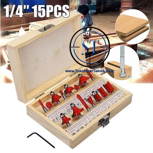 Router Bit Set 15 Pcs - Mata Profil Shank 8mm - Mata Trimmer Kayu Tools Komplit Wood Cutters Carbide + Box