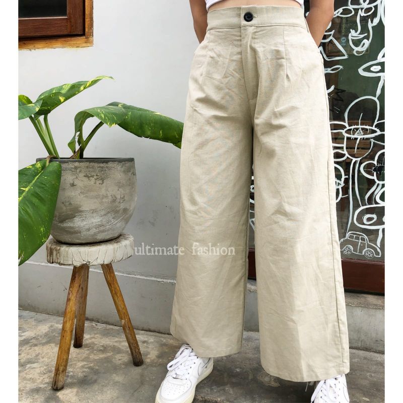 Celana Kulot Loose Pants Linen Kancing Cullote Highwaist HW Wanita Import Premium Model Korea Kekinian Real Pict 229 Angel