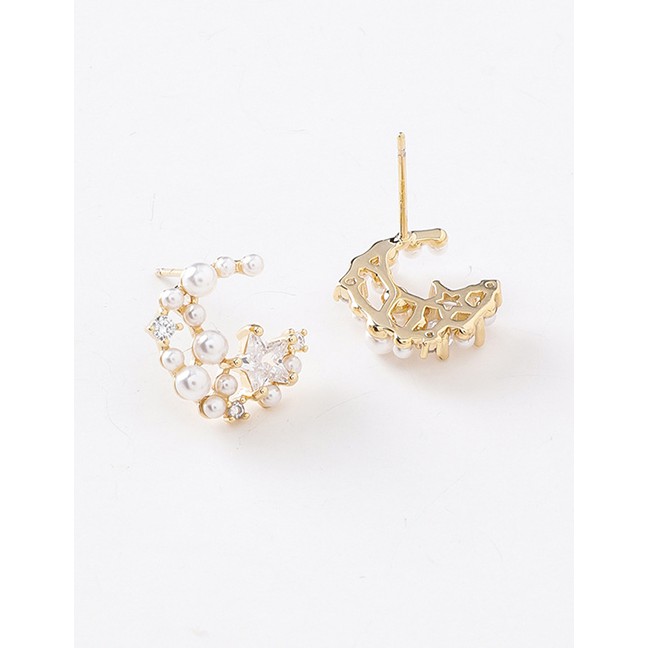 LRC Anting Tusuk Fashion Golden 925 Silver Pin Pearl Moon Star Stud Earrings D59720