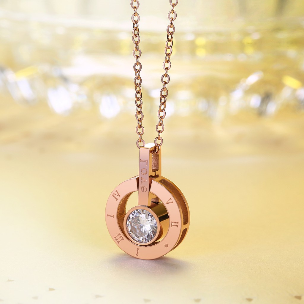 Kalung Titanium Korea Rose Gold Lingkaran Romawi Batu Putih - BN296