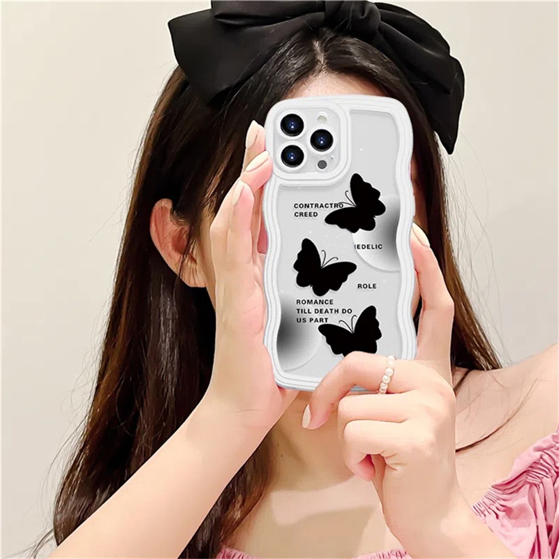 Soft Case Karet Tebal Shockproof Motif Kupu-Kupu Hitam Putih Untuk iPhone 14 13 12 11 Pro Max X Xr Xs Max 8 7 6 6s Plus