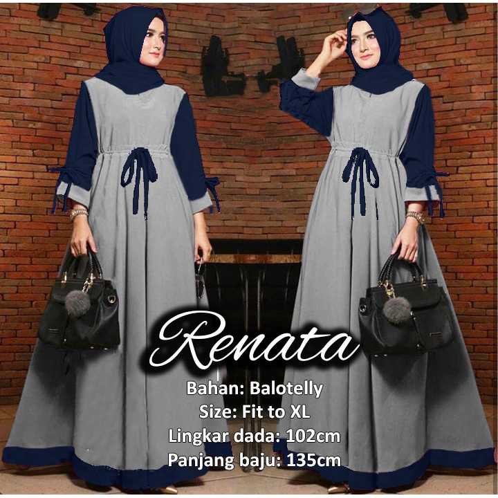 Renata dress muslim/Fashion Muslim/Dress Muslim Tanpa Hijab/Busui/Bisa Cod-abu combi navy