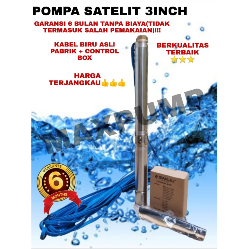 MAXPUMP 3SDM3/28+kabel 65m Pompa Satelit Sumur Dalam Kabel biru 65m Pompa Submersible Casing 3Inch 1100Watt