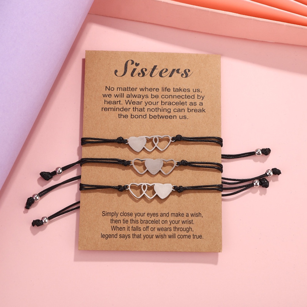 3pcs / set Gelang Tali Kepang Dengan Liontin Hati Motif Tulisan Sisters Untuk Wanita