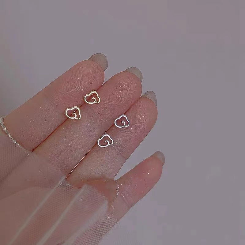 Roselife S925 Perak Anti Alergi Garis Berongga Awan Mini Stud Anting Untuk Wanita Perempuan Kecil Earring Perhiasan 1pasang