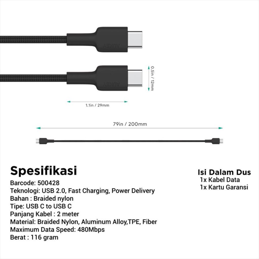 Aukey Cable CB-CD19 Braided C to C 2M Black - 500428