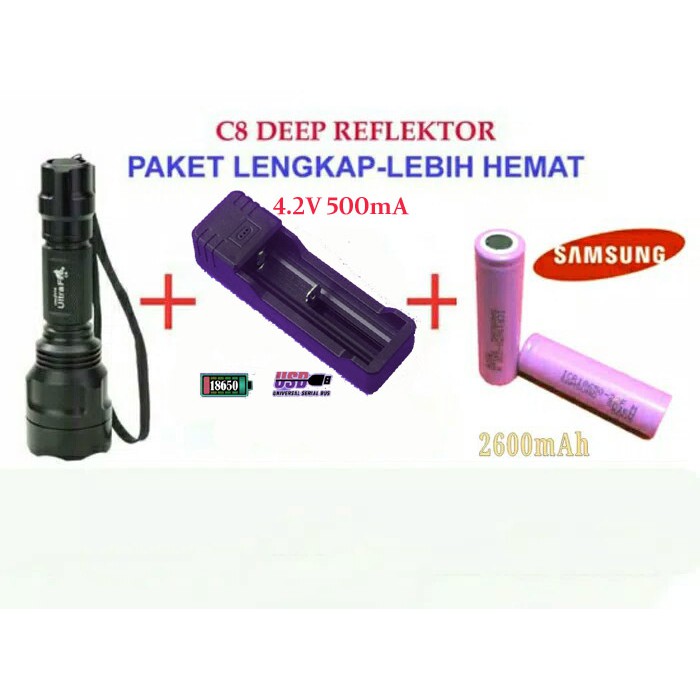 Senter C8 Ultrafire Deep Reflektor XML2 Paket Hemat