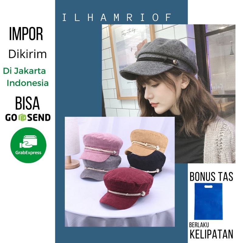 Ilhamriof - Topi Wanita Kekinian Korea Police Fashion Korduroy