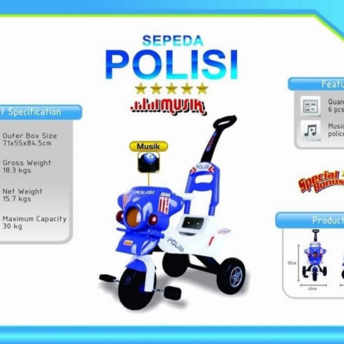Sepeda Roda Tiga 3 Anak Sepeda Dorong Polisi Musik Mobil Dorong Anak