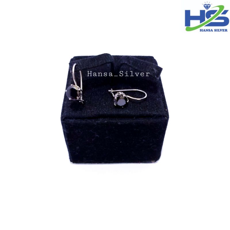 Anting Perak Asli Silver 925 Lapis Emas Putih Model Desi Permata Hitam - Anting Wanita Anti Karat