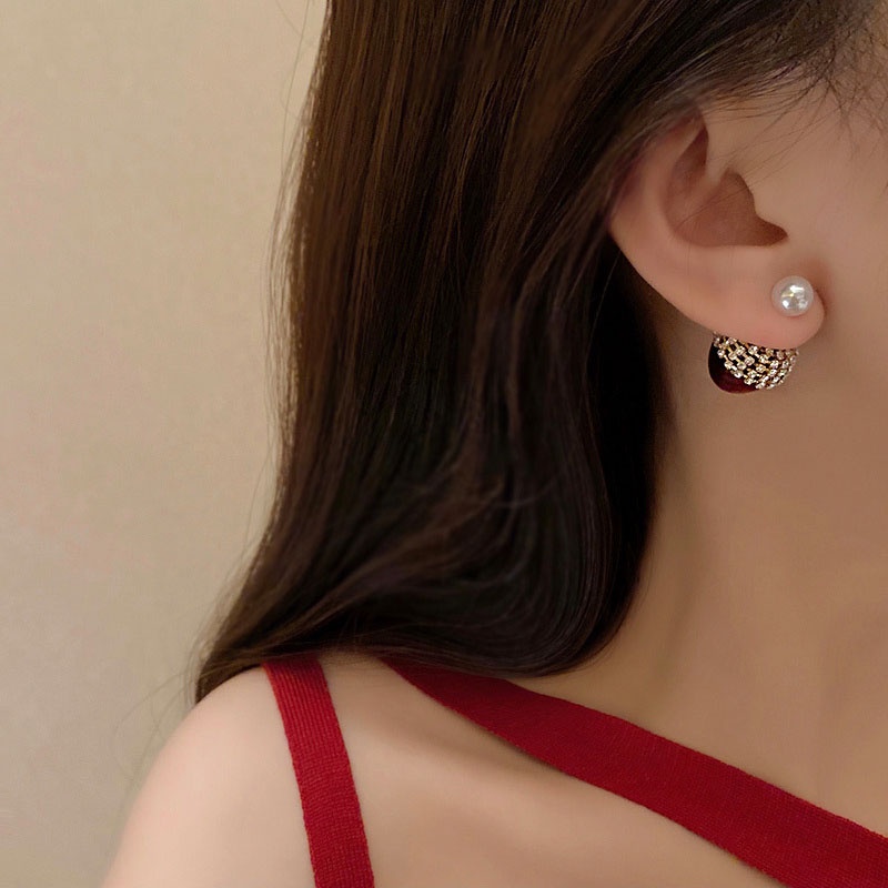 Anting Stud Desain Ceri Merah Aksen Berlian Imitasi Bahan 925 Silver Needle