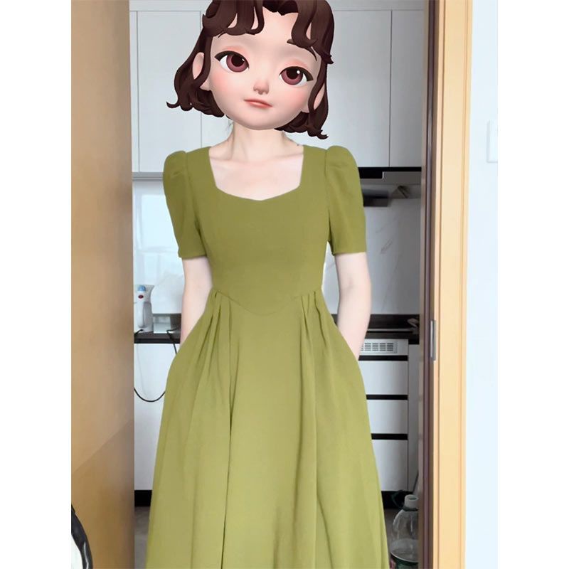 [MikanHiro Store] Long Dress Square Neck Green Korean Casual Style Dress Line A elegant Size S up to XL