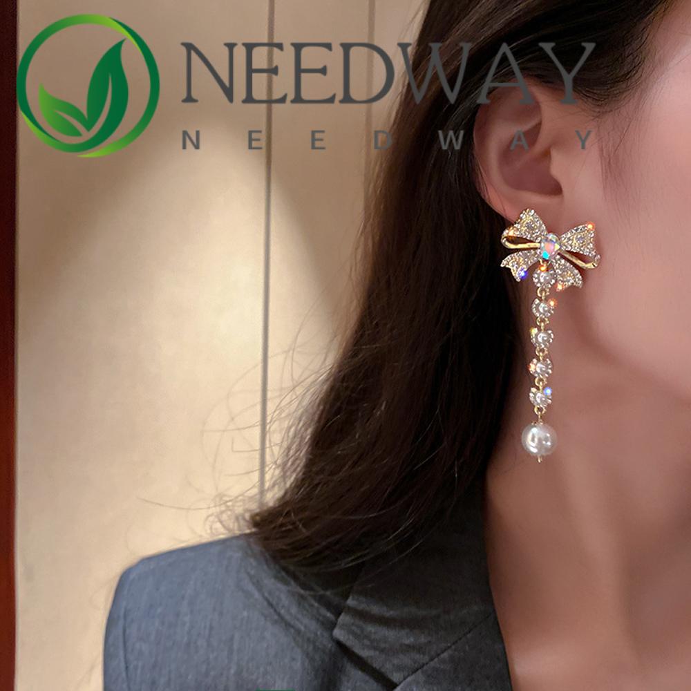 Needway  Temperament Drop Earrings Fashion Jewelry Pearl Earrings Bow Dangle Earrings Women Trendy New Elegant Tassel Geometric Crystal/Multicolor