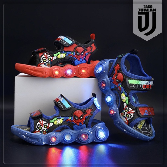Sandal Gunung Lampu LED SPIDERMAN Anak usia 1 2 3 4 5 6 tahun / Sandal Sepatu Anak Balita Cowok Moti