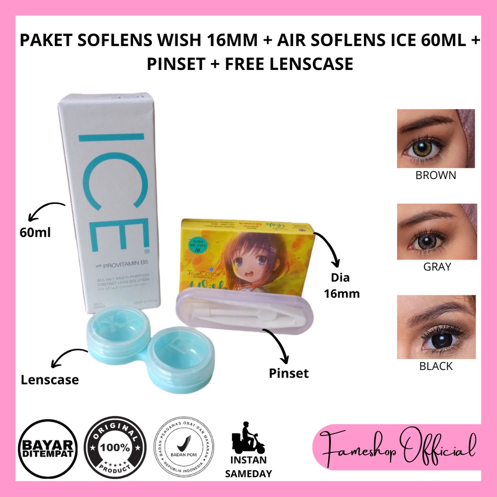 PAKET SOFTLENS WISH DIA 16MM + CAIRAN ICE 60ML + PINSET + LENSCASE / COD INSTAN SAMEDAY / LENSA KONTAK / PAKET MURAH