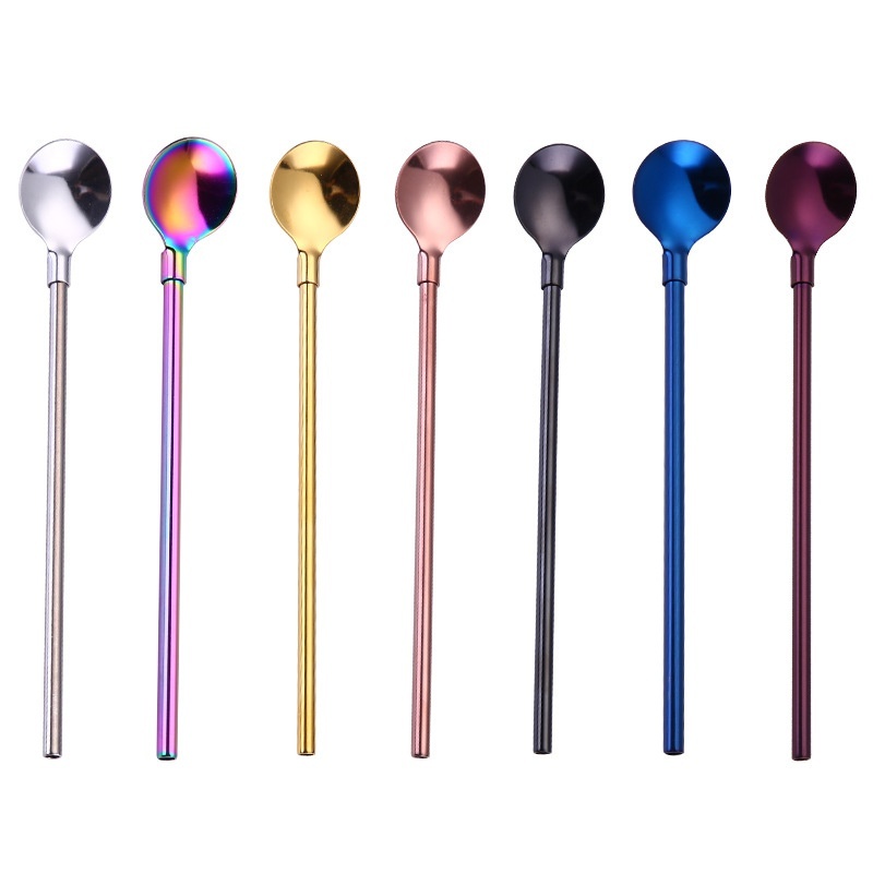 1pc Creative Multifunctional 2 in 1 Stainless Steel Straw Stirring Spoon Tableware