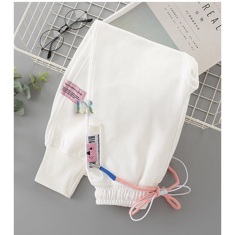 LNR Shop Celana Casual Trend Anak-Anak Perempuan Celana Panjang Olahraga Versi Korea Abu Putih Polos Slim-fitting Pinggang Tinggi Low Waist Santai Katun Putih