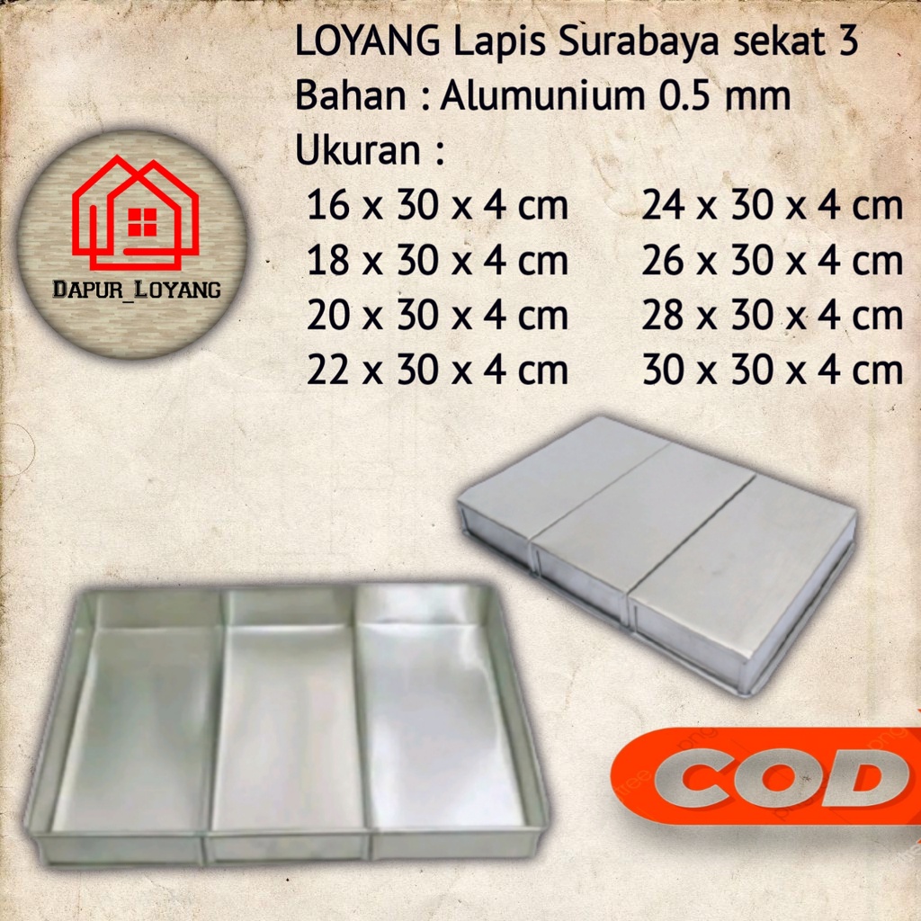 Loyang Kue Lapis Brownies Surabaya Sekat Kotak 3 | Bahan Aluminium - Variasi 22/24/26/30cm