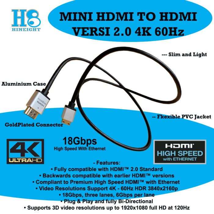 Kabel Mini HDMI To HDMI 1.5 Meter Versi 2.0 Ultra HD 4K 2160P@ 60Hz HDR (HINEIGHT(H8)) - H8-HC15M