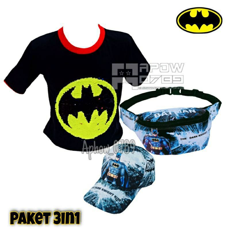 Paket murah 3in1 kaos distro anak usap + tas waistbag anak + topi anak karakter batman ( REAL PICT )