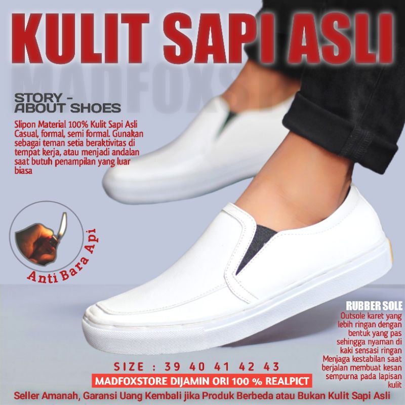Sepatu Pria Slip On Kulit Sapi Asli Putih Hitam Pansus Polos Original Sniker Pria Kets Cowok Kasual 
