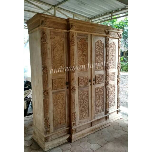 lemari gebyok kayu jati lepas putih 4 pintu