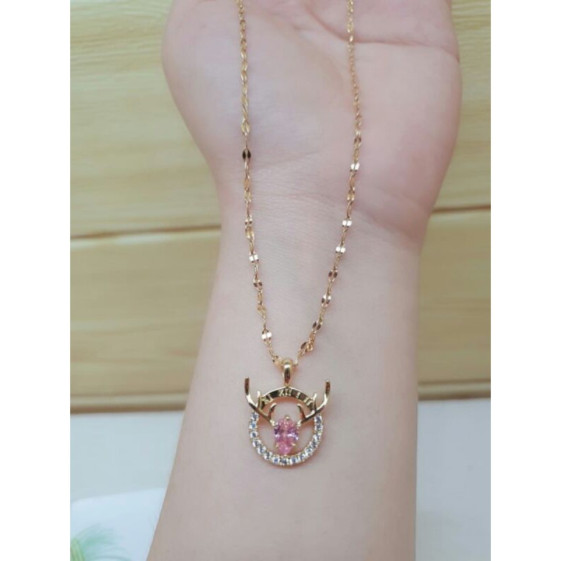 Kalung asli titanium liontin microdiamond pink / kalung titanium liontin batu pink