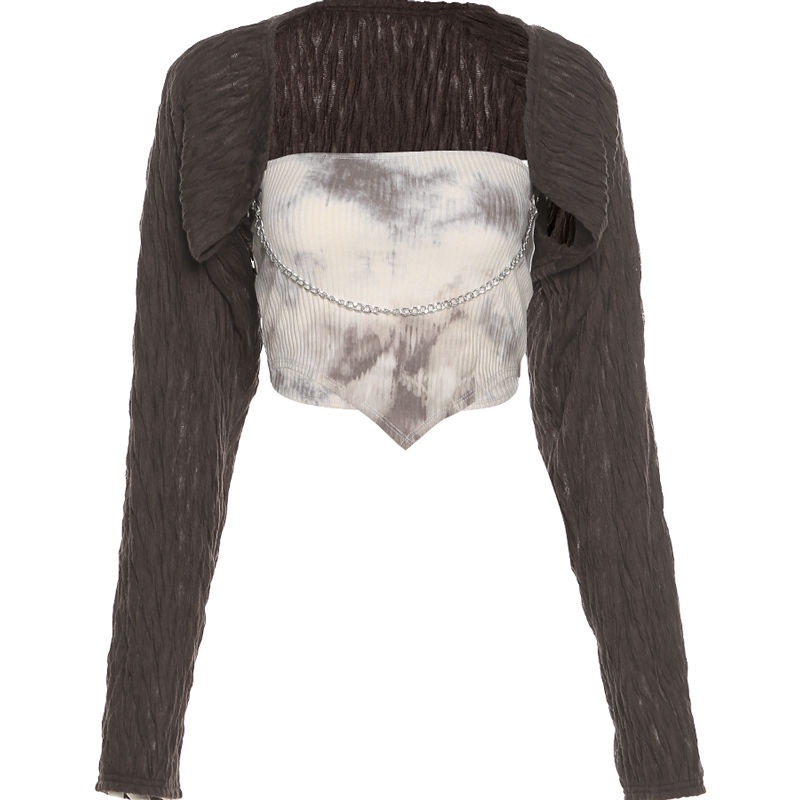 Drama Amerika Sayang Babes Retro Tie-Dye Tube Top Pendek Luar Lengan Panjang T-shirt Atasan Skema Du