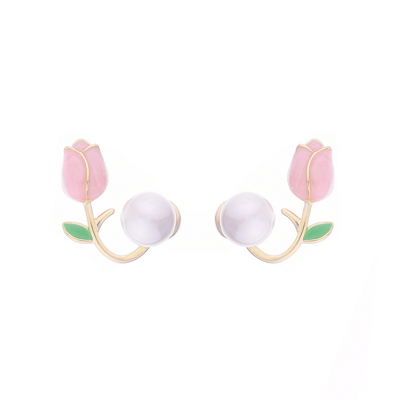 Anting Stud Bentuk Bunga Tulip Aksen Mutiara Warna Pink Gaya Korea Untuk Wanita