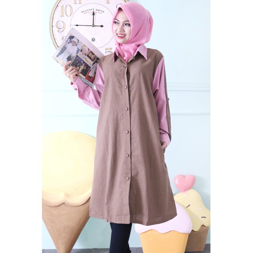 Baju Blouse Blus Long Tunik Wanita Sephia Trendi Motif Kotak Kecil Kombinasi