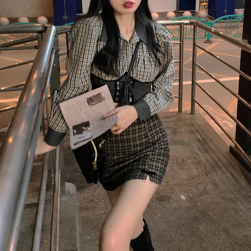 Hot girl plaid stitching short waist kemeja lengan panjang tas pinggang tinggi hip acara tipis rok s