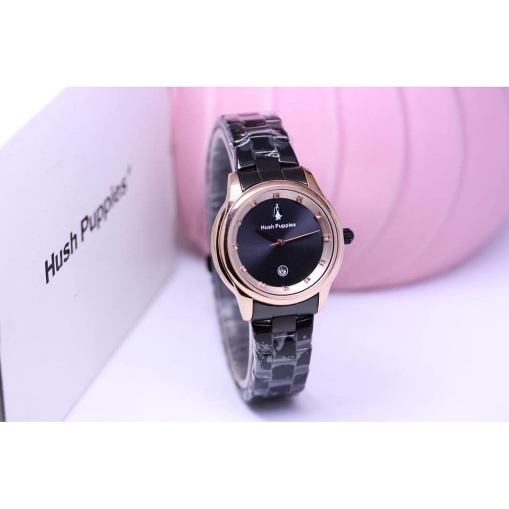 JAM TANGAN WANITA HUSH PUPPIES RANTAI BODY BULAT TANGGAL AKTIF