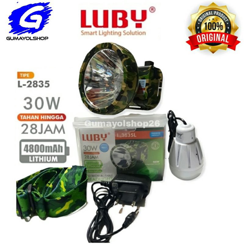 Senter Kepala LED 30W Luby L-2835L Bonus Bohlam 3W Luby LED Rechargeable Headlight 4800mAh LITHIUM Water Resistant