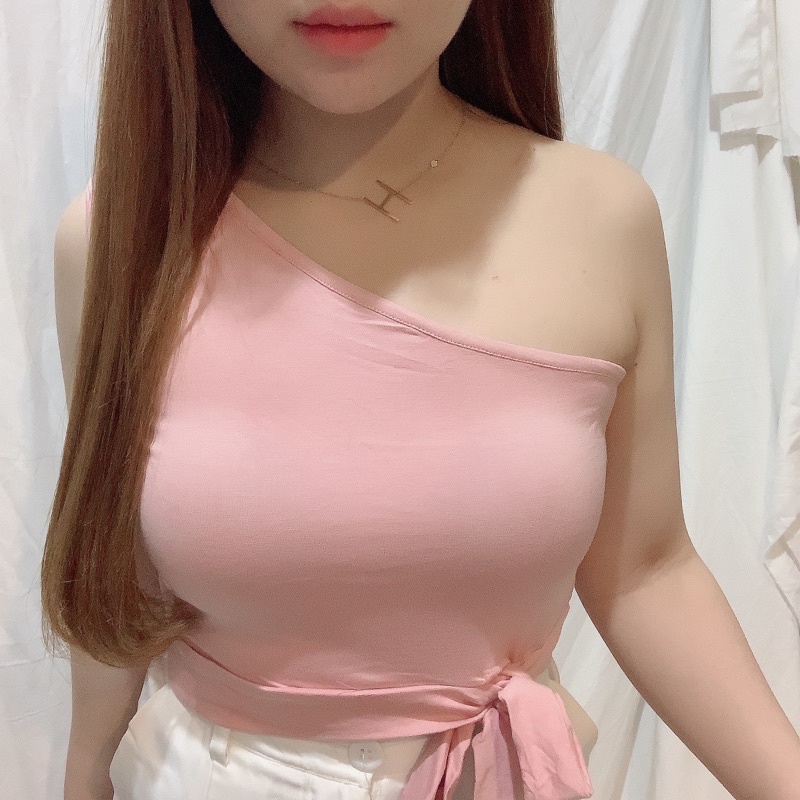 One Shoulder Bow Knot Side Crop Top Tank | Atasan Wanita Korean Fashion | Maimon Grosir