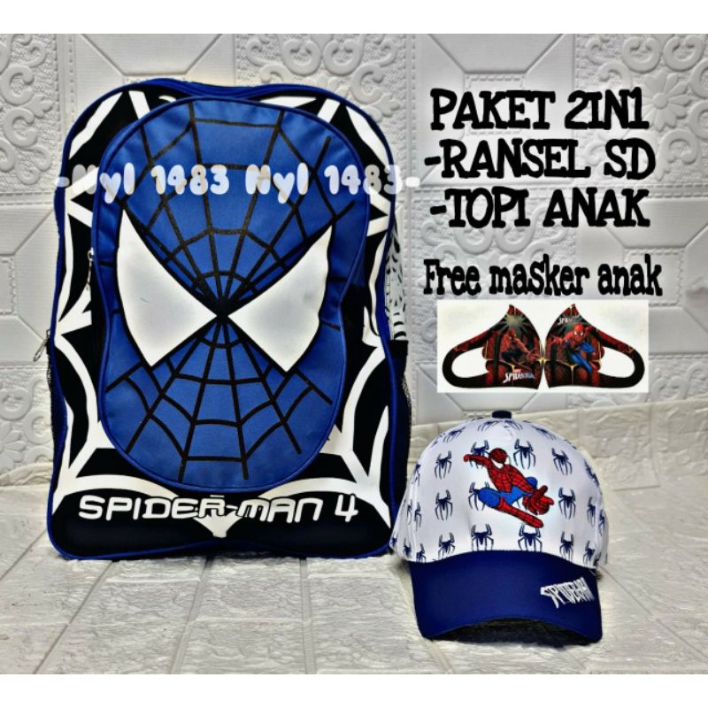 RANSEL ANAK SD 2IN1 SPIDERMAN/TOPI BORDIR